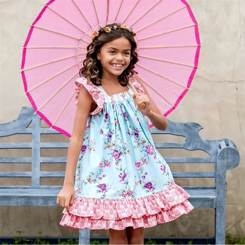 Eleanor Rose Girls Pink and Blue Floral Flutter Sleeve Dress Size 3/4
